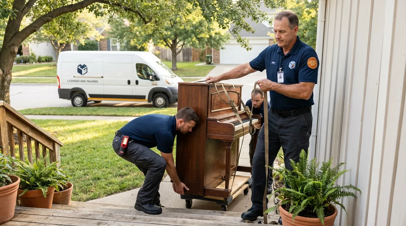 Licensed piano movers securing grand piano in Sanderson, TX