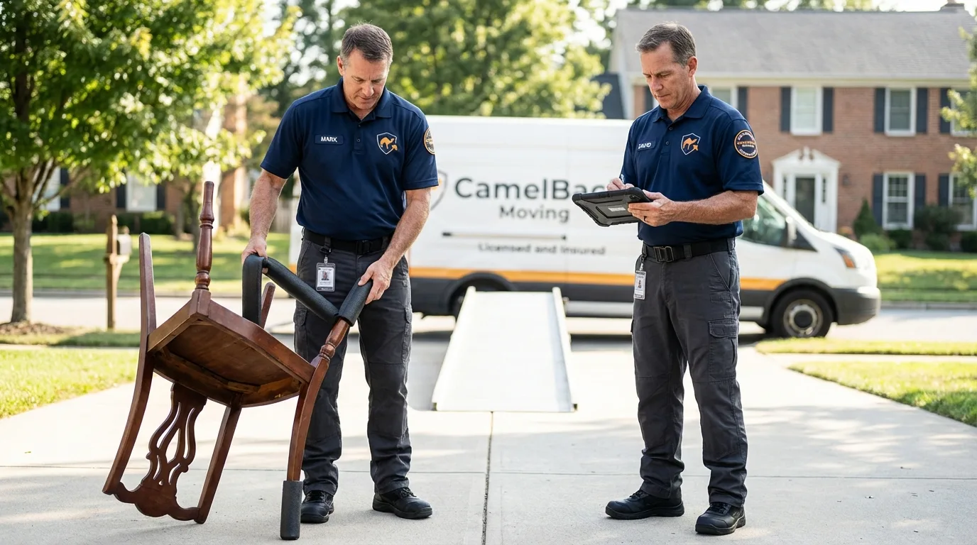 Movers inspecting furniture for damage prevention before loading in Sanderson, TX